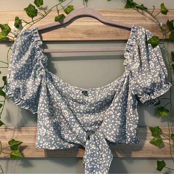 Blue Floral Wrap Around Crop Top/Blouse - Picture 1 of 3